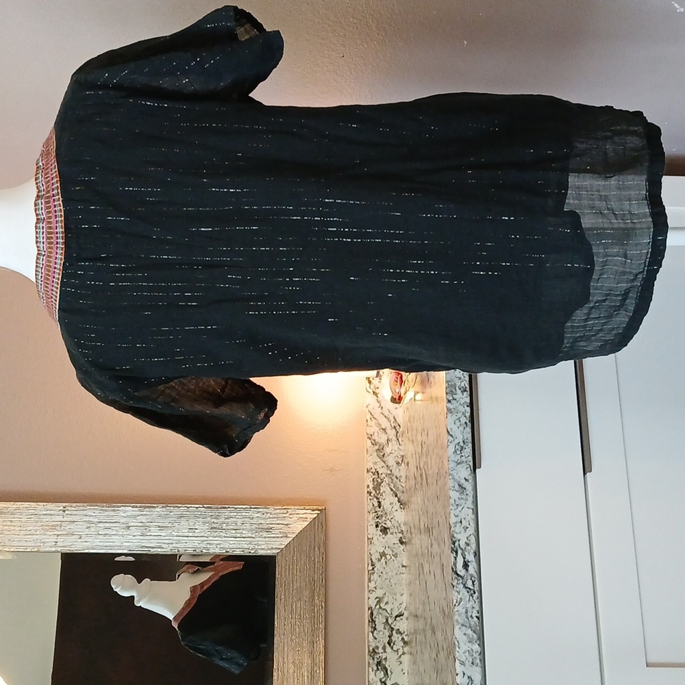 THML Boho Cotton Black Shirt Size L Metallic Embroidered Stripe Detail - Picture 5 of 10